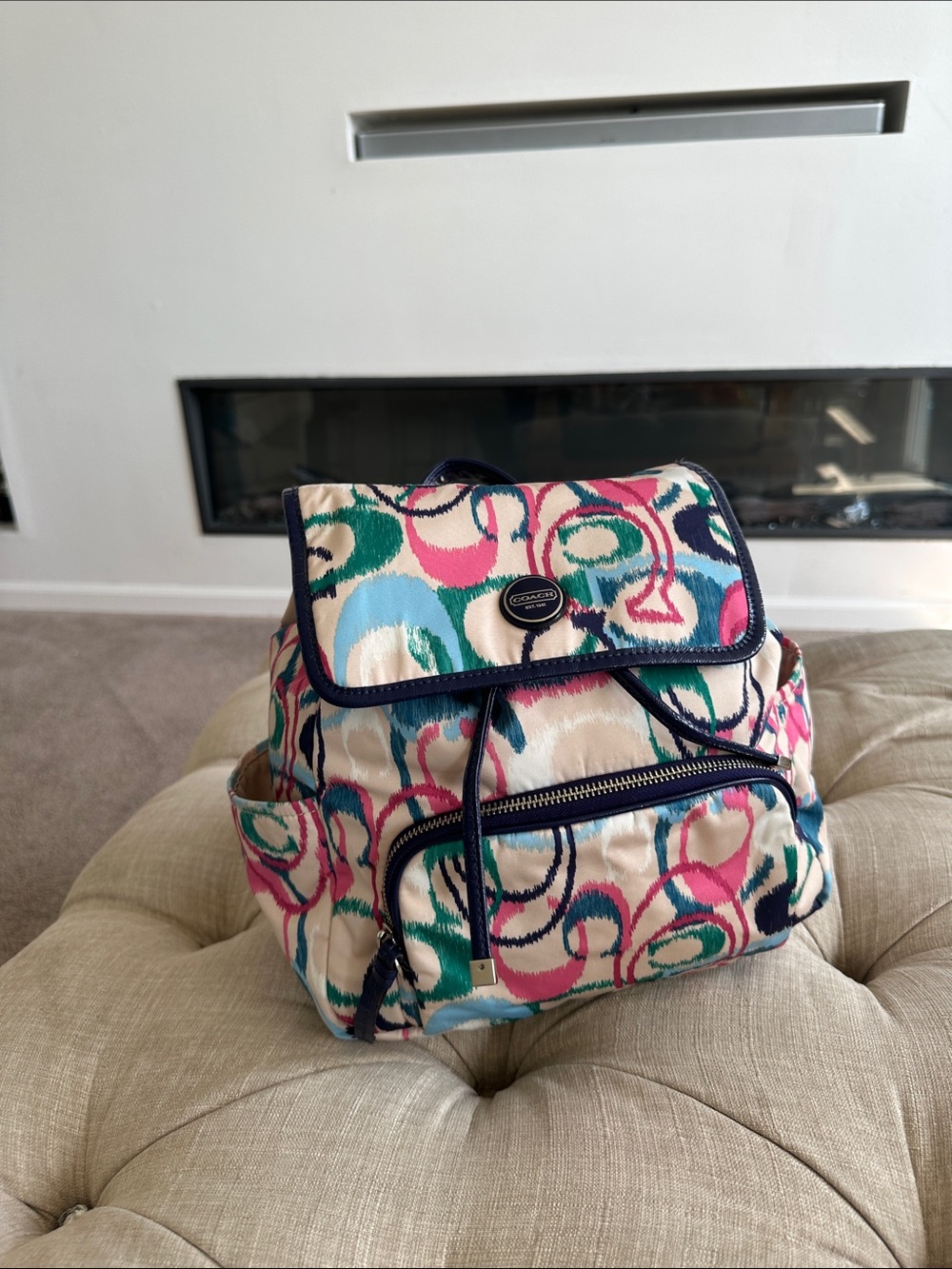 Coach Cream Backpack with Pink, Teal, Navy Signature Print